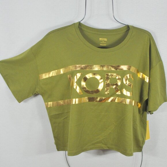 Michael Kors Women's Blouse XL Olive Green Kors Logo Cropped Top Shirt Tee - Picture 1 of 9
